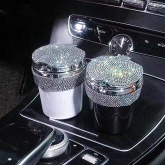 Diamond Car Ashtray With LED Light Cigar Cigarette Ash Tray Smoke Cup Holder Storage Cup Pink Bling Car Accessories for Women